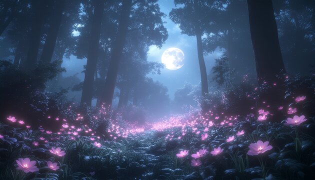 Enchanted Forest Path Illuminated by Moonlight and Glowing Flowers. - Powered by Adobe