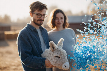 Joyful gender reveal Expectant parents share a special moment surrounded by blue confetti. Perfect for family, lifestyle, or announcement themes.
