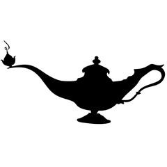 Antique oil lamp silhouette, ornate metal surface, mystical mood