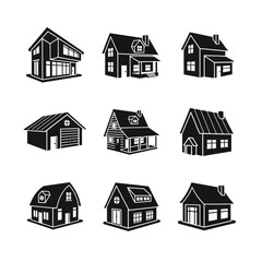 Fototapeta premium Black architectural house icons featuring various residential building styles