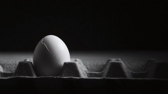 Striking monochrome image of a cracked egg in a carton. Symbolic of fragility, beginnings, or creative potential. Versatile for various conceptual projects.