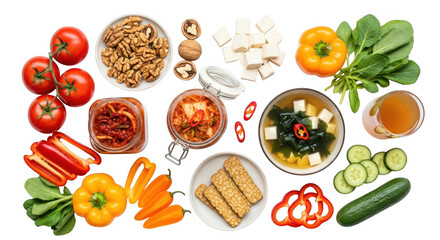 Healthy korean and asian inspired food ingredients isolated on transparent background