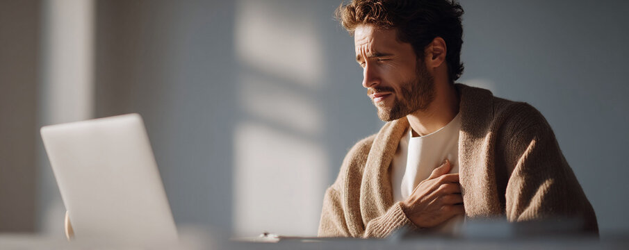 Pensive man working at laptop, bathed in sunlight. Could illustrate contemplation, inspiration, or heartfelt connection. Perfect for health, wellness, or tech stories.