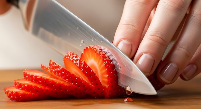 Close-up of Slicing Strawberries with Knife for Healthy Meal Preparation