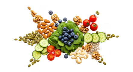 Healthy food ingredients arranged in a star pattern, isolated on transparent background