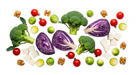 Healthy vegan ingredients including broccoli, red cabbage, and tofu, isolated on transparent background