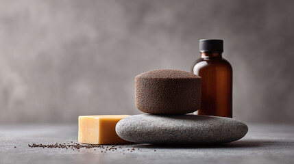 Serene spa still life. Brown bottle, stone, scrub  soap create a zen ambiance. Ideal for beauty, wellness, selfcare themes  holistic health ads.