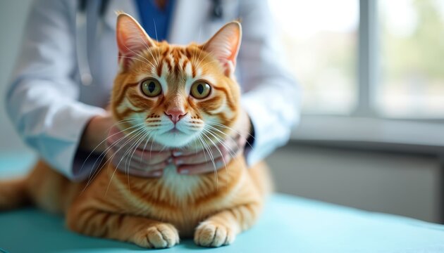 Orange cat sits calmly on examination table at vet clinic. Veterinarian examines the pet cat for health problems. Animal care checkup and treatment in modern clinic.