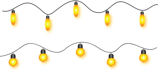 Warm Yellow Hanging String Lights on White Background – Glowing Festive Bulbs Garland for Decoration, Wedding Lights Border, Holiday Fairy Lights Isolated PNG Illustration