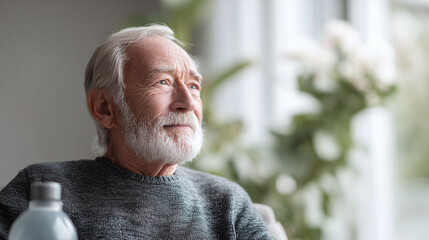 Thoughtful senior man looking towards the future, reflecting on life. Represents wisdom, aging, contentment, retirement, health. Ideal for lifestyle, medical, and insurance ads.