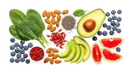 Assortment of healthy superfoods and ingredients isolated on transparent background