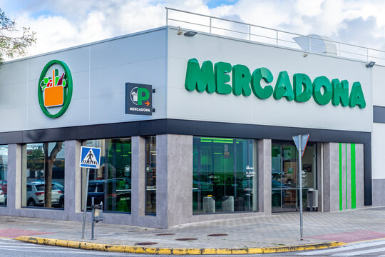 Dos Hermanas, Seville, Spain; 01-23-2025: Exterior view of a Mercadona supermarket with store logo sign on facade. Spanish retail chain.