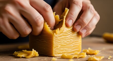 Breaking raw beeswax, artisan crafting with natural honey product texture