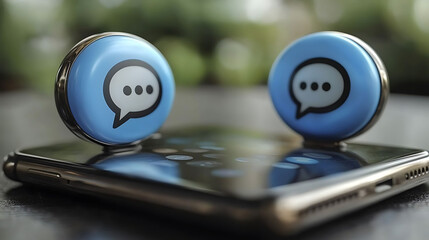 Closeup shot of two blue chat icons resting on a smartphone screen.  Illustrates online communication, messaging apps, and digital interaction.