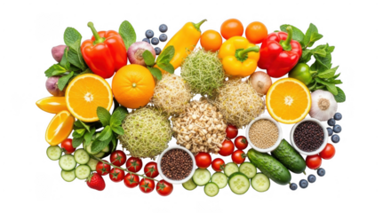 Healthy fresh fruits, vegetables, and grains isolated on transparent background