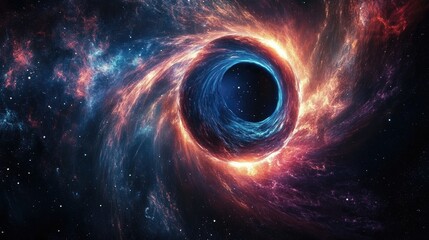 Massive black hole in space pulling in surrounding stars and colored gases with a glowing swirling accretion disk, creating a powerful visual vortex. Generative by AI