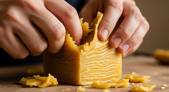 Breaking raw beeswax, artisan crafting with natural honey product texture