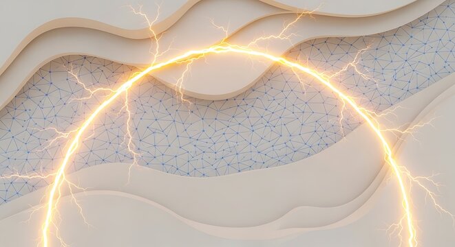 Electric sphere amid abstract geometric patterns and layered texture.