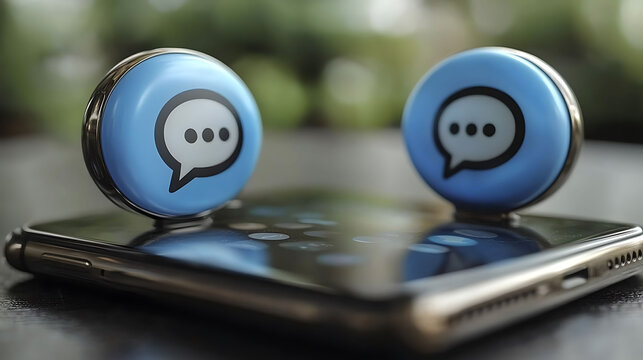 Closeup shot of two blue chat icons resting on a smartphone screen.  Illustrates online communication, messaging apps, and digital interaction.