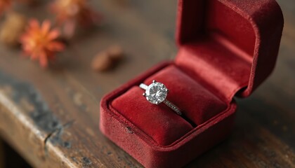 Elegant diamond engagement ring in open red velvet box. Classic jewelry for proposal, wedding. Precious gem with sparkle on wooden surface. Perfect for romantic moments and celebrations.