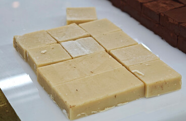 Soft white chocolate in a chocolate shop