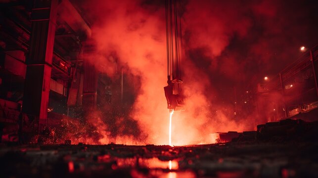 Molten Metal Pouring in a Steel Mill with Intense Red Glow and Smoke.