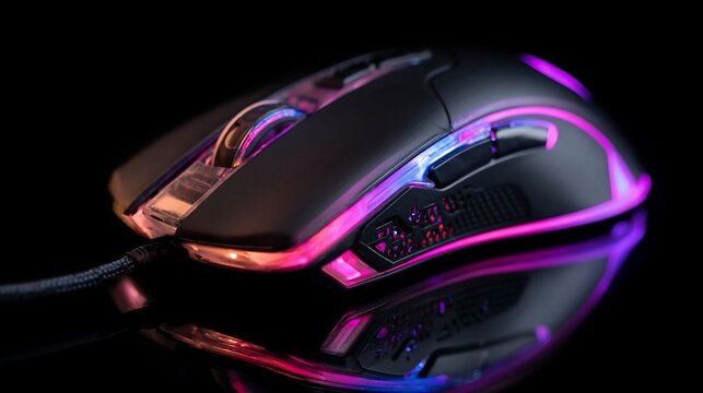 Illuminated ergonomic computer mouse with multiple buttons, angled view