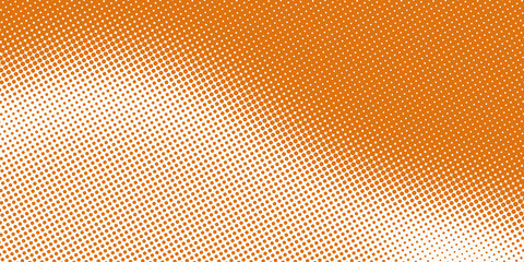 An orange halftone background with a pattern of dots grading diagonally from solid to sparse creates a bright retro or pop art effect.