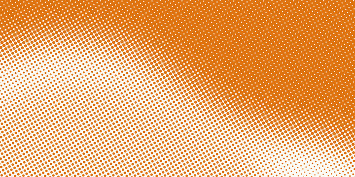 An orange halftone background with a pattern of dots grading diagonally from solid to sparse creates a bright retro or pop art effect.