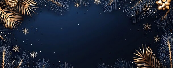 3D illustration set of golden frame vector geometric background with blue night sky, Christmas tree branches, and snowflakes on a dark navy blue color