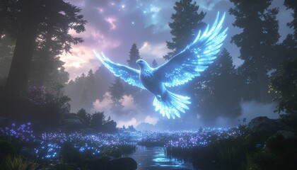 Ethereal Eagle Soaring Above Enchanted Forest Stream at Twilight.