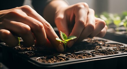 Closeup shows caring hands planting new life in seedling starter tray