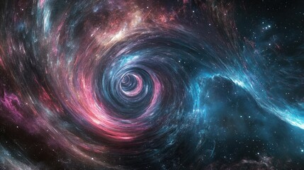 Fototapeta premium Massive black hole in space pulling in surrounding stars and colored gases with a glowing swirling accretion disk, creating a powerful visual vortex. Generative by AI