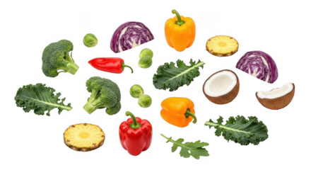 Fresh assortment of colorful fruits and vegetables scattered, isolated on transparent background