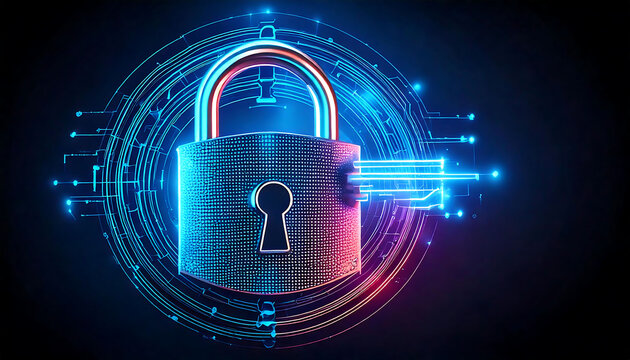 Cybersecurity concept image. A glowing, futuristic padlock surrounded by vibrant digital circuitry.