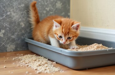 Young ginger kitten digs in rubbish box, learning to use sandbox for toileting. Cute small cat explores potty tray, making a small mess indoors on wooden floor, animal care.