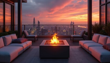 Obraz premium Modern rooftop terrace has sofas, chairs and fire pit. Lounge zone on balcony overlooks city at sunset with orange sky. Urban architecture design for wealthy life.