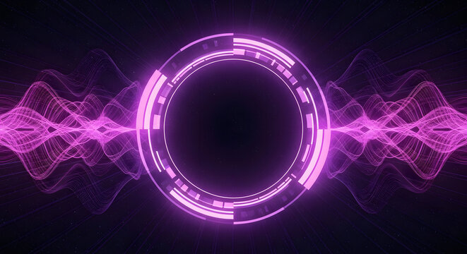 Vibrant tech portal with radiant oscillations emanating from digital circuit border in magenta glow