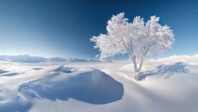 A beautiful tree, covered in ice and snow, stands alone on the vast snowy landscape under clear blue skies