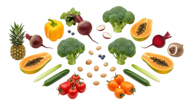 Assortment of fresh fruits and vegetables isolated on transparent background - Powered by Adobe