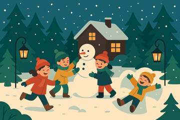 Fototapeta premium Magical yard winter joyful illustration playing pine vector lanterns drifting snowflakes gathering