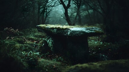 Mysterious Stone Altar in a Dark Enchanted Forest.