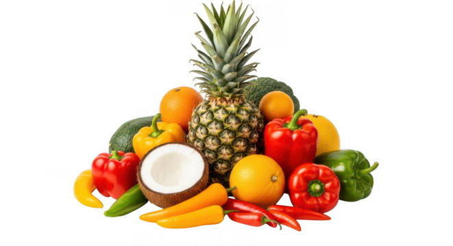 Fresh tropical fruits and colorful vegetables isolated on transparent background
