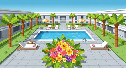 Stylish modern courtyard swimming pool with palms and flower arrangement