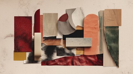 Abstract collage of analog materials (paper, fabric textures) and digital 3D shapes, tactile textures