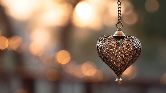 Ornate Heart-Shaped Lantern Hanging with Bokeh Lights in Background. - Powered by Adobe