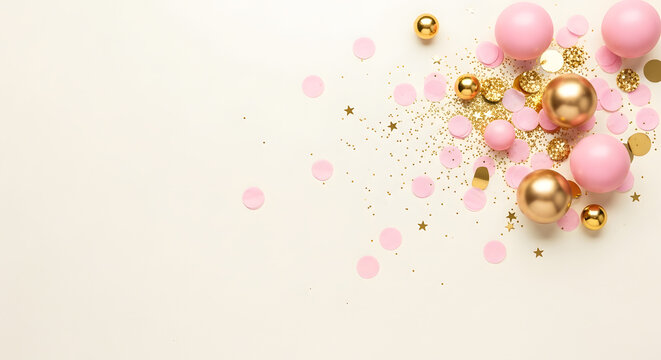 Elegant celebration backdrop featuring delicate pink confetti and shimmering gold orbs on a soft neutral surface