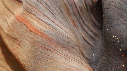 Hyper-realistic close-up of a texture (fabric, recycled material, wood grain) with visible signs of wear, realistic color rendering, fine details