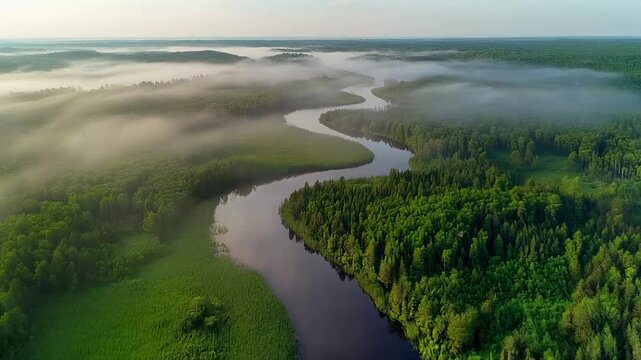 A seamless, looping aerial drone shot of a winding river in a green forest at sunrise. This beautiful, misty, and peaceful landscape is perfect for nature or travel concepts.