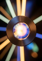 Illuminated Metallic Ring with Radiant Light Beams Abstract Artwork